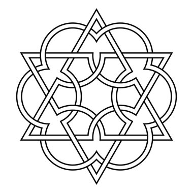 Birbirine kenetlenmiş üçgenler ve daireler, altı katlı bir rosete bağlı bir altıgen sembolü. İki eşkenar üçgen ve altı daire kesişir ve iç içe geçer. Kutsal geometri. İzole edilmiş. Vektör
