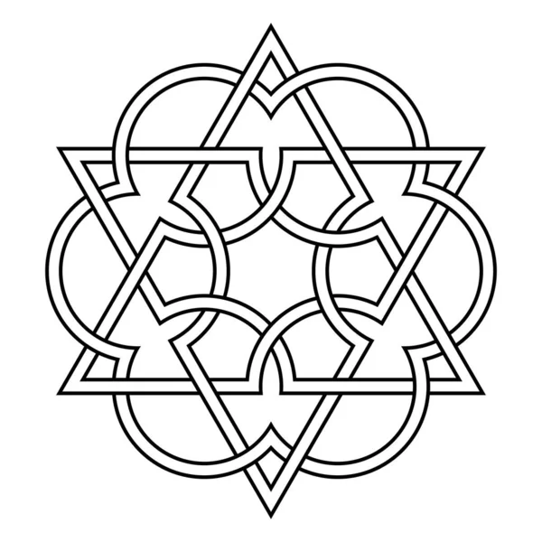 Birbirine kenetlenmiş üçgenler ve daireler, altı katlı bir rosete bağlı bir altıgen sembolü. İki eşkenar üçgen ve altı daire kesişir ve iç içe geçer. Kutsal geometri. İzole edilmiş. Vektör