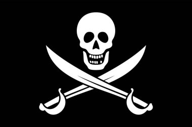 Çapraz Kılıçlar Jolly Roger, kafataslı bir korsan bayrağı ve kara sahada çapraz kılıçlar. Gemiye binen Cutlass, tipik bir korsan ve korsan silahıdır. Siyah beyaz çizim. Vektör