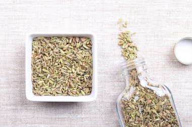 Rezene tohumları, kare şeklinde beyaz bir kase içinde keten üzerinde. Rezene meyveleri, yanlışlıkla tohum olarak adlandırılır, anason tadında, baharat olarak ve yemek pişirmede kullanılır. Absinthe 'in ana bileşenlerinden biri. Fotoğraf.