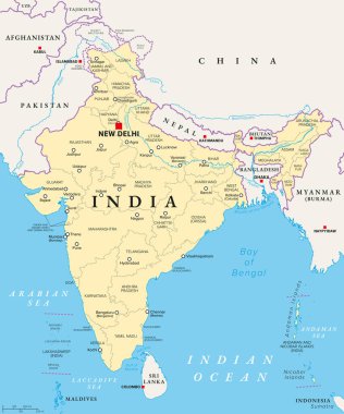 Hindistan Cumhuriyeti, eyalet ve birlik bölgeleriyle politik harita, başkent Yeni Delhi ve en büyük şehirler. Hindistan 'ın idari bölümleri, 36 alt-ulusal kuruluştan oluşan federal bir birlik. Vektör