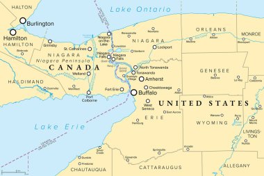 Niagara Yarımadası, River ve Falls, politik harita. Kanada 'nın Niagara Bölgesi ve Amerika Birleşik Devletleri' nin Niagara Sınırı, Ontario Gölü 'nün güneyi ve Erie Gölü' nün kuzeyi. Vektör