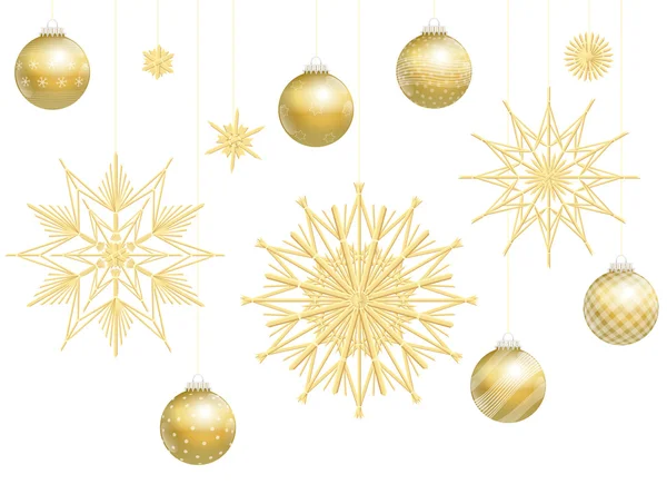 Christmas Balls Golden Straw Stars Decoration — Stock Vector