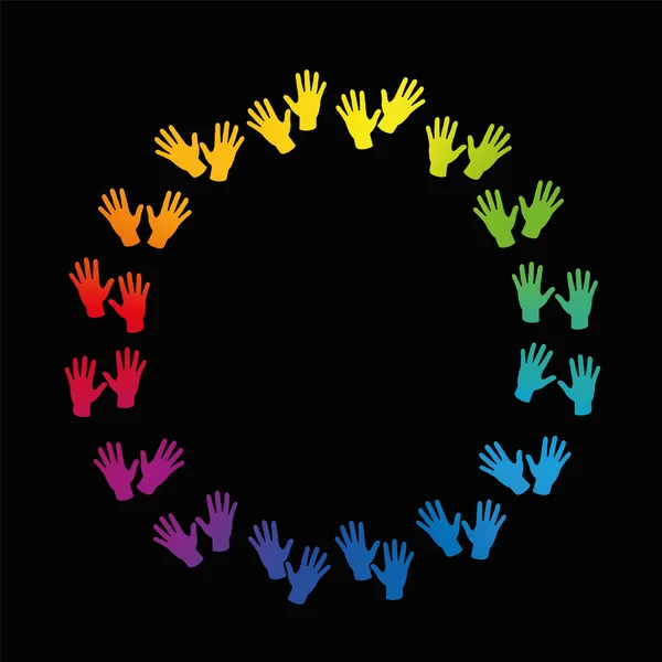 Hände rund Rahmen Regenbogen farbigen Kreis — Stockvektor