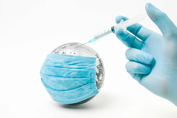 Covid Protection Concept Doctor Injecting Coronavirus Vaccine Globe Covered Medical — Stock Photo, Image