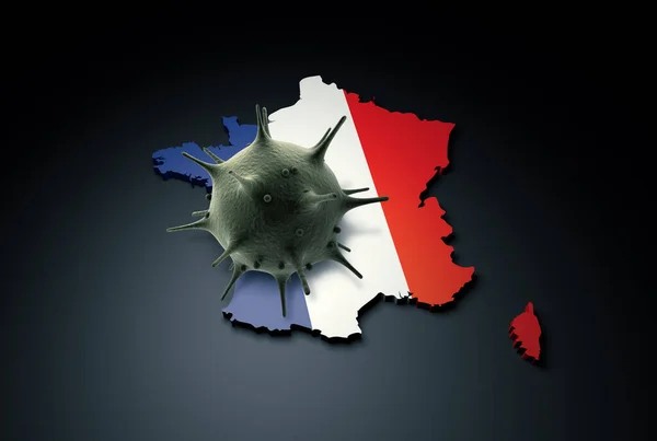 Pandemic COVID-19 3d render concept: Coronavirus cell on France map covered with France flag. Conceptual 3d rendering of coronavirus.