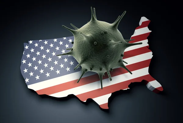 Pandemic COVID-19 3d render concept: Coronavirus cell on the United States of America map covered with American flag. Conceptual 3d rendering of coronavirus.