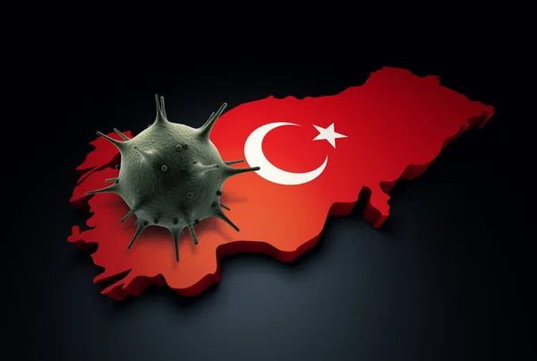 Pandemic COVID-19 3d render concept: Coronavirus cell on Turkey map covered with Turkish flag. Conceptual 3d rendering of coronavirus.