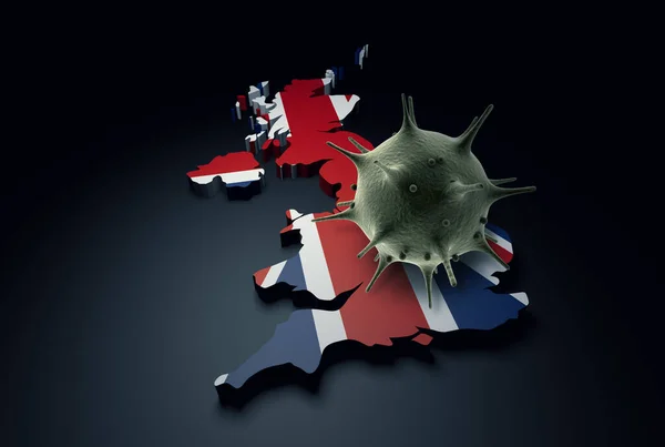 Pandemic COVID-19 3d render concept: Coronavirus cell on United Kingdom map covered with UK flag. Conceptual 3d rendering of coronavirus.