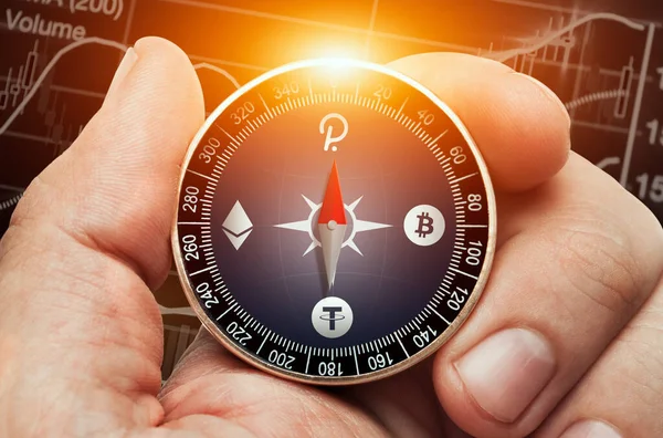 Mannelijke Hand Houden Kompas Met Bitcoin Ethereum Polkadot Tether Logo Stockfoto