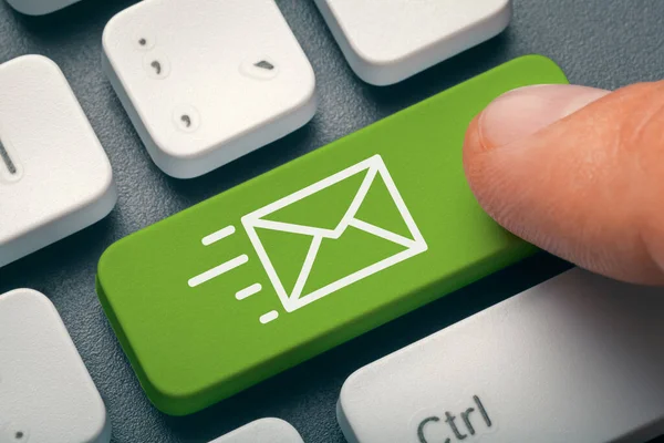 Close Finger Pressing Computer Key Mail Symbol Messaging Contacting Internet — Stock Photo, Image