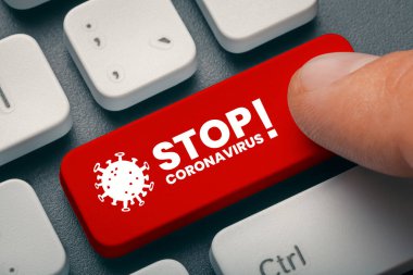 Mutasyona uğramış korona virüsü B117 'nin UK Varyasyonu dünyayı vurdu. Salgın Koronavirüs Konsepti. Coronavirus sözcüğünü ve illüstrasyonunu durdurmak için kırmızı düğmeye bas.