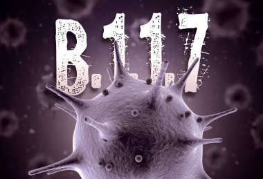 Coronavirus 3D render konsepti: Macro coronavirus hücresi ve havada yüzen bulanık virüs hücrelerinin önlerinde ikinci dalga metni. Mutasyona uğramış korona virüsü B.1.1.7 'nin UK Varyasyonu dünyayı vurdu..