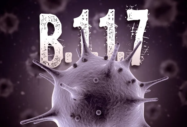 Coronavirus 3D render konsepti: Macro coronavirus hücresi ve havada yüzen bulanık virüs hücrelerinin önlerinde ikinci dalga metni. Mutasyona uğramış korona virüsü B.1.1.7 'nin UK Varyasyonu dünyayı vurdu..