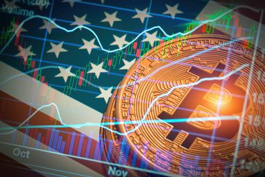 Borsa veri grafiğinin arkasında parlayan bitcoin yığınının yakın plan fotoğrafı kripto para ticareti veya bankacılık kavramı..
