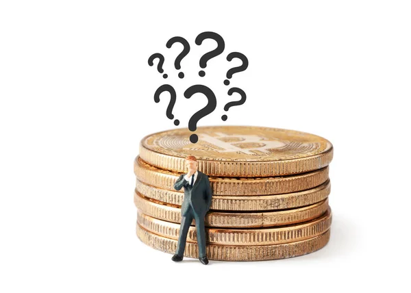 Question Marks Thinking Businessman Figurine While Leaning Shiny Bitcoin Stack — Stock Photo, Image