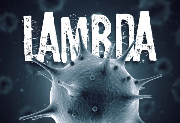 Coronavirus lambda mutasyonu 3d canlandırma konsepti: Havada yüzen bulanık virüs hücreleri formasyonunda makro koronavirüs hücresi ve lambda metni. Mutasyona uğramış korona virüsü Lambda virüsü Güney Afrika 'yı vurdu..