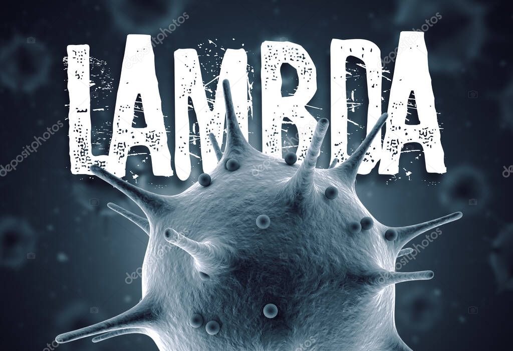Coronavirus lambda mutation 3d render concept: Macro coronavirus cell and lambda text in fron of blurry virus cells floating on air. South Africa variant of mutated corona virus Lambda virus hit the world.