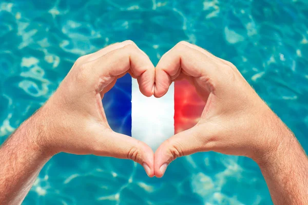 Summer Vacation France Concept Male Hands Making Heart Shape France — Stock Photo, Image