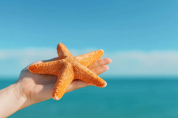 Weibliche Palme hält große orangefarbene Seesterne vor blauem Himmel und Meer — Stockfoto