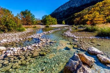 Parlak güzel sonbahar yaprakları Texas Crystal Clear Frio Nehri üzerinde.