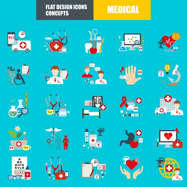 Flache medizinische Symbole Konzeptsatz von medizinischer Versorgung, Diagnose und Behandlung im Gesundheitswesen, Labortests, Medikamenten und Geräten. Vektorkonzept für Grafik- und Webdesign. — Stockvektor