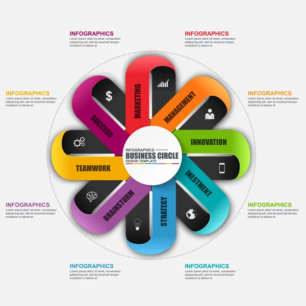 Infografía abstracta de la comercialización del negocio 3D. Se puede utilizar para el diseño del flujo de trabajo, visualización de datos, concepto de negocio con 8 opciones, piezas, pasos o procesos, banner, diagrama de ciclo, gráfico, diseño web . — Vector de stock