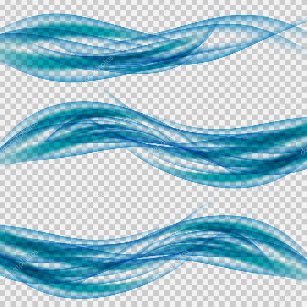 Abstract smooth wave vector set on transparent background. Curve flow blue smoke motion illustration