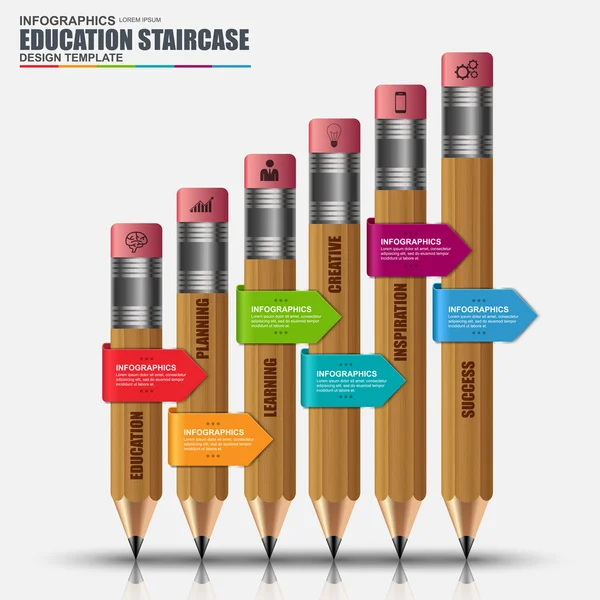 Abstrato 3D educação escada sucesso lápis Infográfico. Pode ser usado para layout de fluxo de trabalho, visualização de dados, conceito de negócio com 6 opções, peças, etapas ou processos, banner, diagrama, web design . — Vetor de Stock