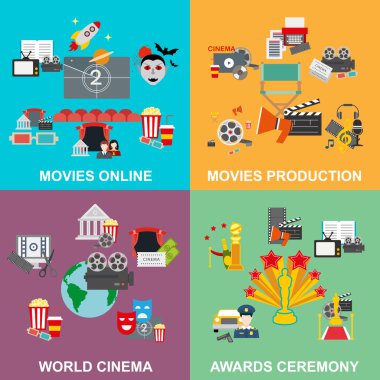 Flat design concept cinema, set of movie online and production, awards ceremony with director viewers and oscar figurine vector illustration