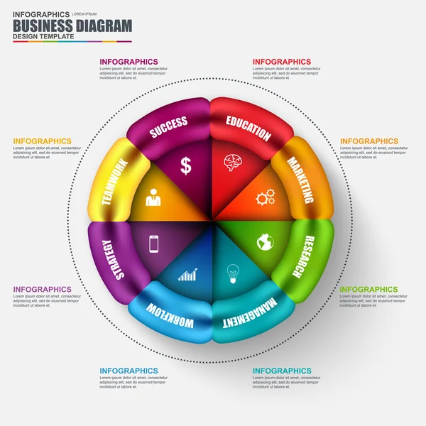 Diagrama circular de negocios en 3D abstracto Infografía. Se puede utilizar para el diseño del flujo de trabajo, visualización de datos, concepto de negocio con 6 opciones, piezas, pasos o procesos, banner, gráfico, diseño web . — Vector de stock