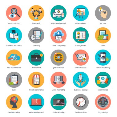 Flat conceptual icons set of seo monitoring and digital marketing, creative process, business and finance, office, teamwork, data analysis, startup, planning and web analytics. Flat vector icon.