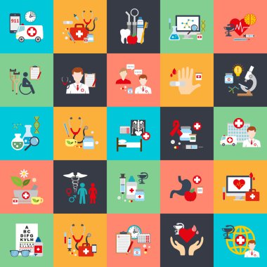 Online tıbbi destek, aile sağlığı, sağlık sigortası, eczane, tıbbi hizmetler, laboratuvar testleri, ambulans, online eczane düz kavramsal simgeler kümesi. Düz vektör simgesi.