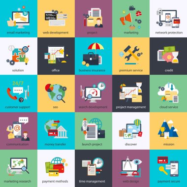 Flat conceptual icons set of seo monitoring and digital marketing, creative process, business and finance, office, teamwork, data analysis, startup, planning and web analytics. Flat vector icon.