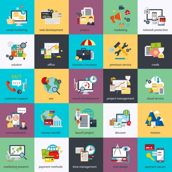 Flat conceptual icons set of seo monitoring and digital marketing, creative process, business and finance, office, teamwork, data analysis, startup, planning and web analytics. Flat vector icon. — Διανυσματικό Αρχείο