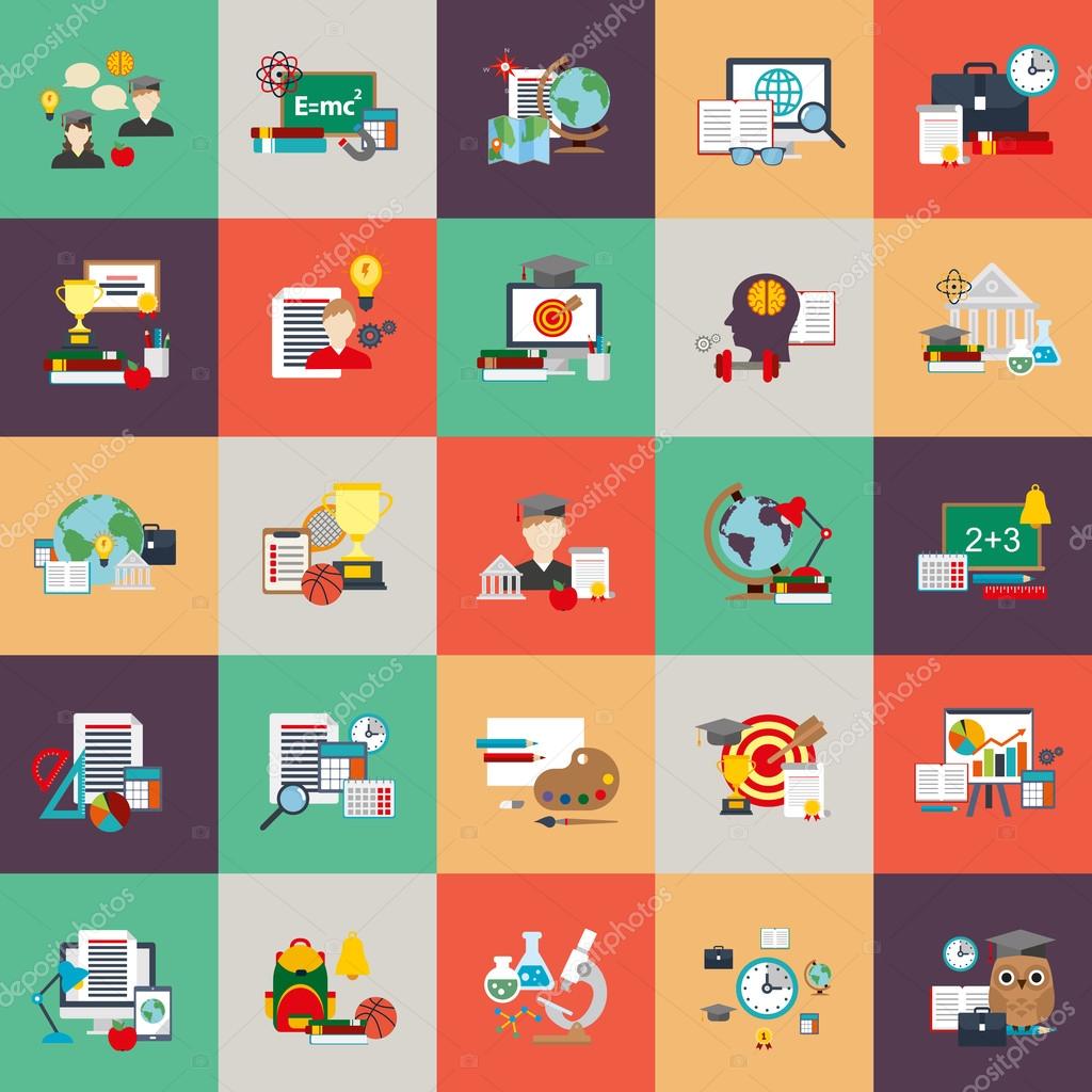 Flat conceptual icons set of education process, online learning, e-book, webinar, business training, distance education, science, creative process, university and courses, knowledge. Flat vector icon. EPS10