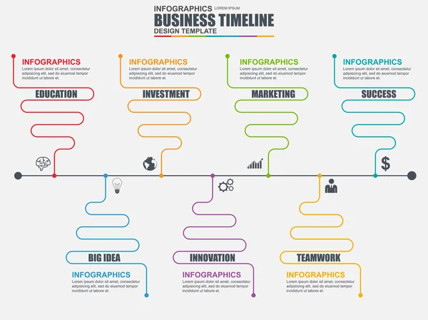 Plantilla de diseño vectorial de línea de tiempo lineal infográfica. Puede ser utilizado para flujo de trabajo, línea de tiempo del negocio, diagrama, banner de infografía, opciones de número, diseño, elementos de infografía, infografías de información . — Archivo Imágenes Vectoriales