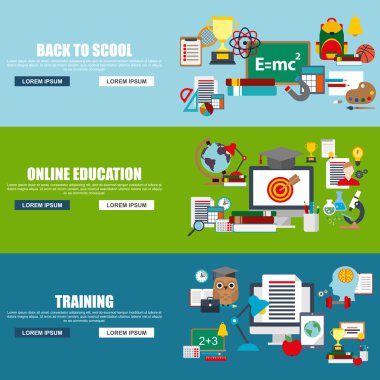 Flat design style modern vector illustration concept for back to scool, online education, distance tutorials, training, studying online elements isolated illustration for website banner. Flat icons.