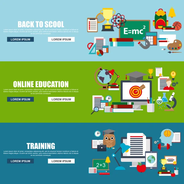 Flat design style modern vector illustration concept for back to scool, online education, distance tutorials, training, studying online elements isolated illustration for website banner. Flat icons. — Stok Vektör