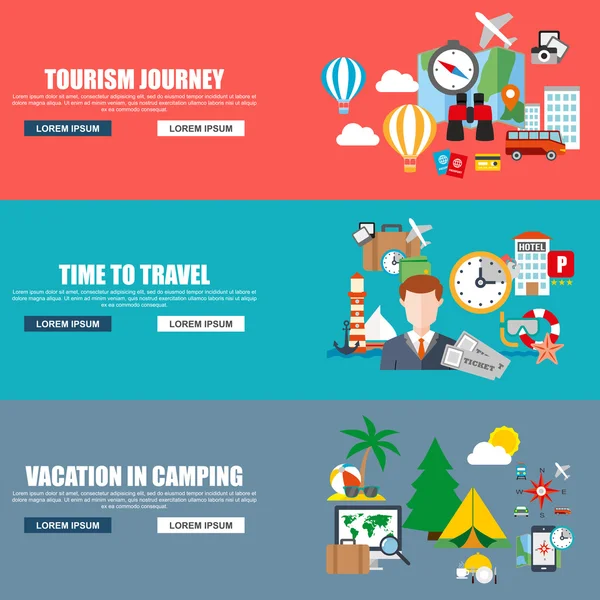 Design piatto moderno concetto di illustrazione vettoriale per viaggi d'affari, viaggio, tempo per viaggiare, vacanza in campeggio, turismo dei trasporti elementi isolati per le compagnie di viaggi banner sito web. Icone piatte . — Vettoriale Stock