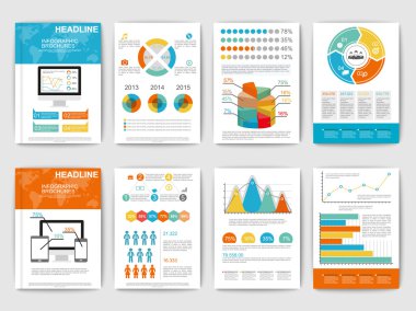 Infographic brohucres kümesi. Modern Infographic vektör öğeleri web, baskı, dergi, el ilanı, broşür, medya, veri görselleştirme, pazarlama, afiş, poster ve kavramlar reklam için.