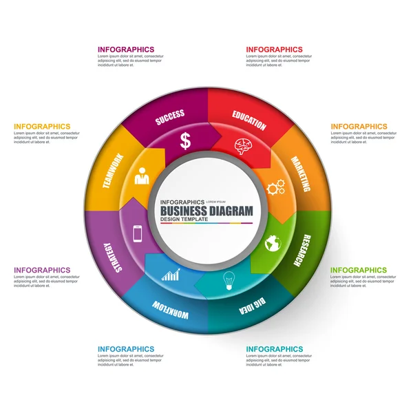 Plantilla de diseño de vectores de diagrama circular infografía. Puede ser utilizado para el flujo de trabajo, diseño del ciclo, proceso de negocio, gráfico, banner de infografía, trabajo en equipo, elementos de infografía, infografías de información . — Archivo Imágenes Vectoriales