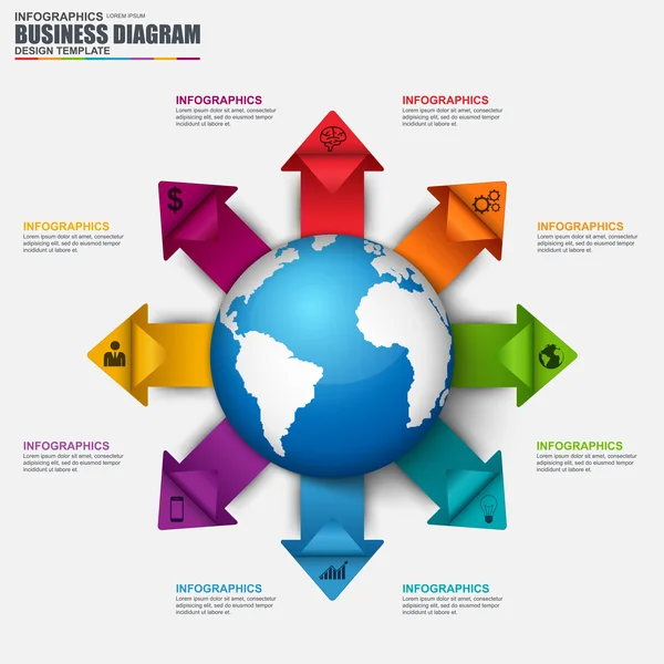 Modelo de design de vetor de negócios global infográfico. Pode ser usado para fluxo de trabalho, passo para o sucesso, sucesso de negócios, diagrama, banner infográfico, elementos infográficos, infográficos de informação . —  Vetores de Stock