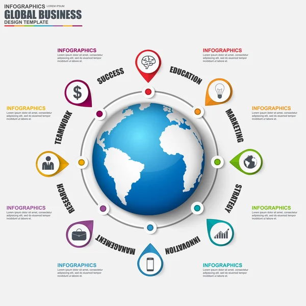 Plantilla de diseño de vectores de negocio global infografía. Puede ser utilizado para el flujo de trabajo, paso al éxito, éxito del negocio, diagrama, banner de infografía, elementos de infografía, infografías de información . — Archivo Imágenes Vectoriales