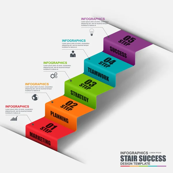 Resumen 3D negocio escalera paso éxito Infografía. Se puede utilizar para el diseño del flujo de trabajo, visualización de datos, concepto de negocio con 5 opciones, piezas, pasos o procesos, banner, diagrama, diseño web . — Vector de stock