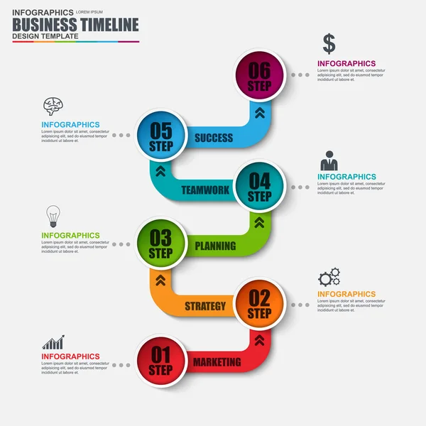 Modelo de design de vetor infográfico de linha do tempo. Pode ser usado para layout de fluxo de trabalho, visualização de dados, conceito de negócio com 6 opções, peças, etapas ou processos, banner, diagrama de ciclo, gráfico, web design . —  Vetores de Stock