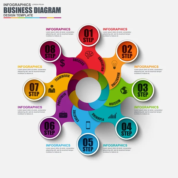 3d 비즈니스 다이어그램 Infographic를 추상화 합니다. 사용할 수 있는 워크플로 레이아웃, 데이터 시각화, 비즈니스 개념 8 옵션, 부품, 단계 또는 프로세스, 배너, 사이클 다이어그램, 차트, 웹 디자인. — 스톡 벡터