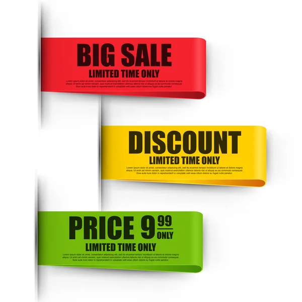 Set kleur papier verkoop lint stickers vector ontwerpsjabloon op witte achtergrond. Kan worden gebruikt voor e-commerce, banner, korting label, tag, winkelen, poster, reclame, briefkaart. — Stockvector