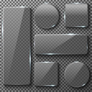 Şeffaf cam plakanın farklı şekiller. Kare, daire, dikdörtgen app düğmeleri damalı zemin üzerine. Boş boş, parlak ve parlak. Vektör çizim Icons set.