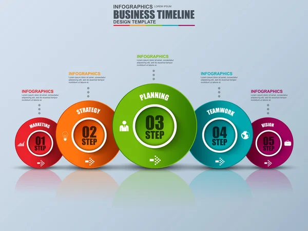 Modello di progettazione vettoriale della timeline infografica. Può essere utilizzato per layout del flusso di lavoro, report, business concept con 5 opzioni, parti, passaggi o processi, opzioni di numero, banner, diagramma, grafico, web design . — Vettoriale Stock